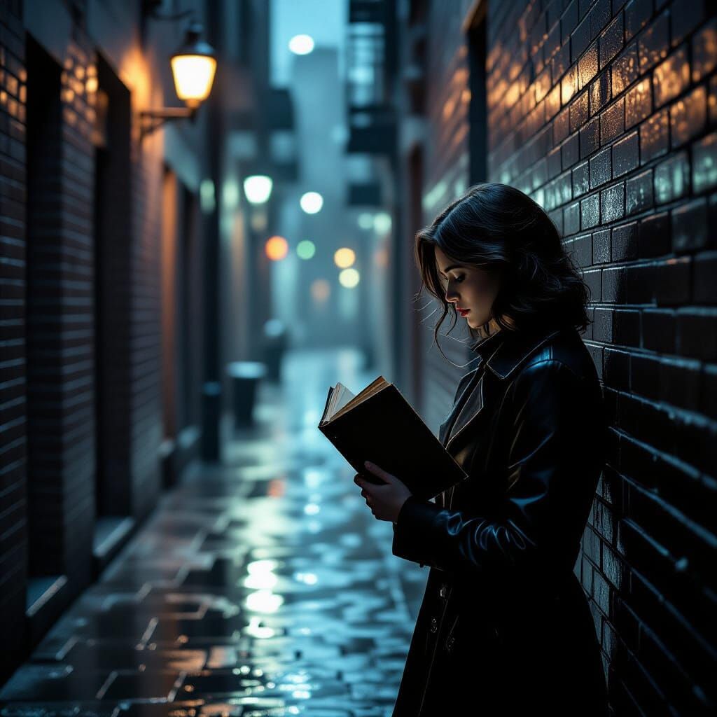 Woman with Book in Moody Film Noir Alleyway