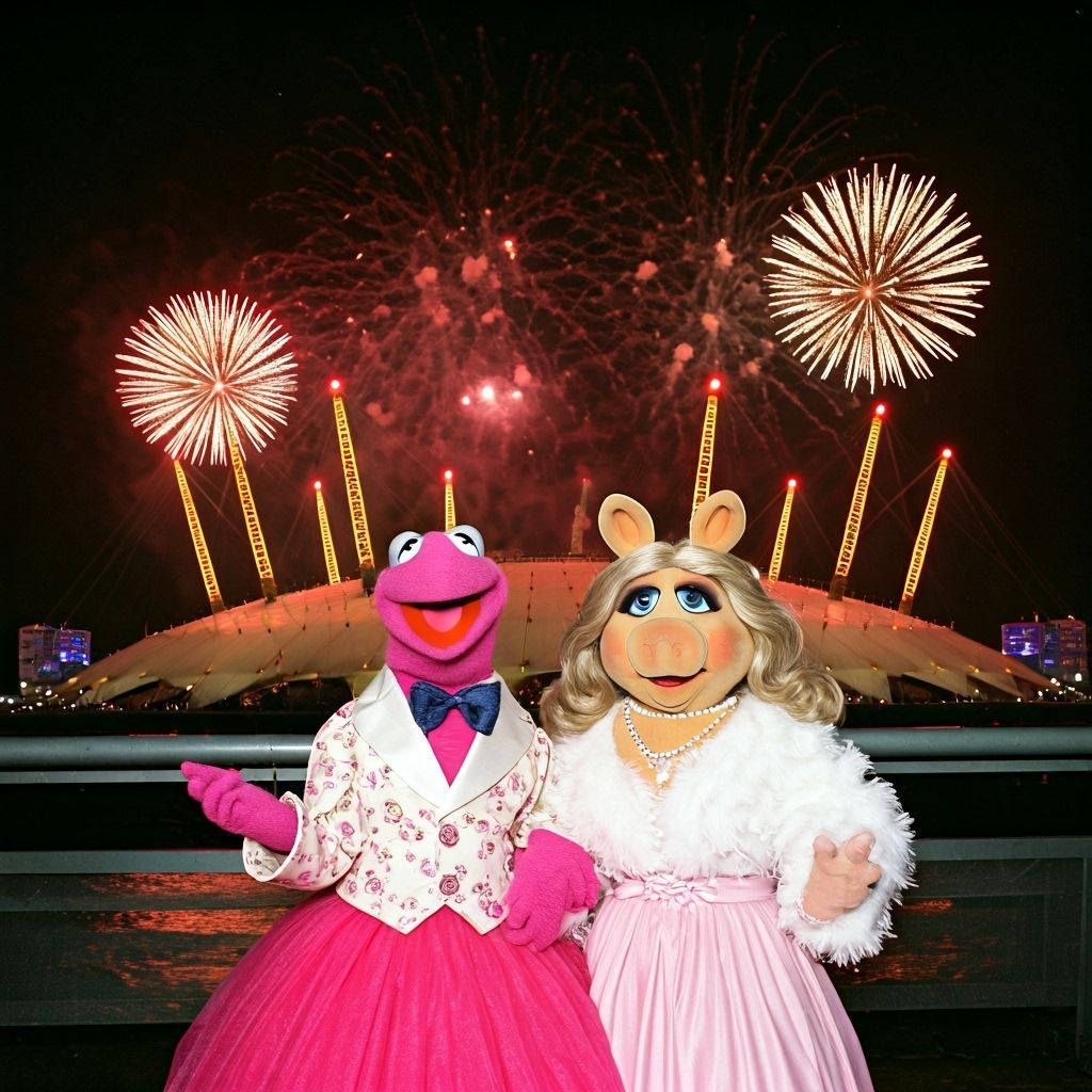 The O2 Arena visited by Kermit and Miss Piggy both dressed i...