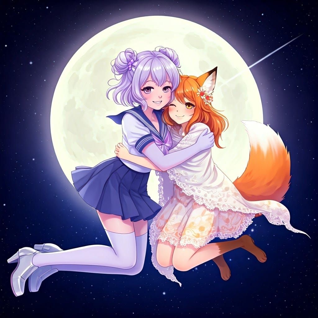 Anime Girls Floating in Space Wallpaper