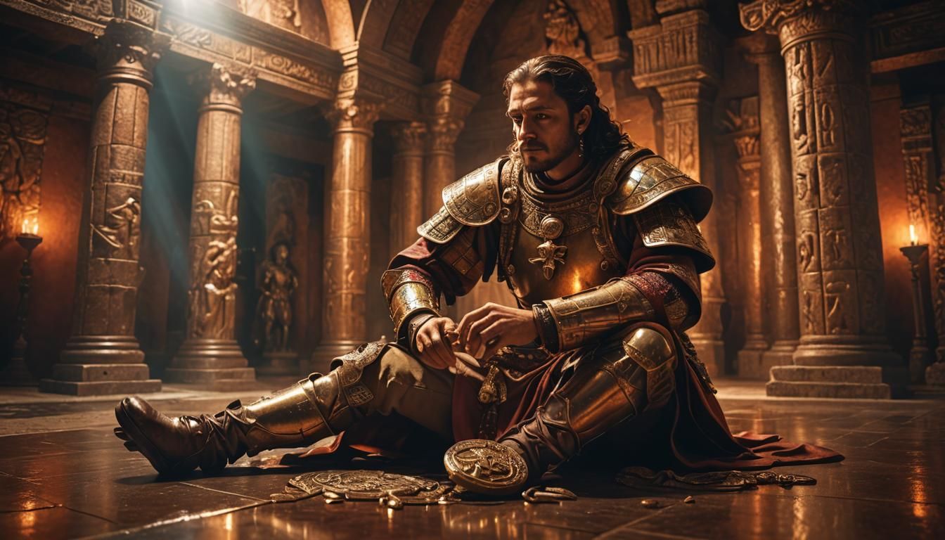 Conquistador Kneeling on Mayan Treasure: Digital Art