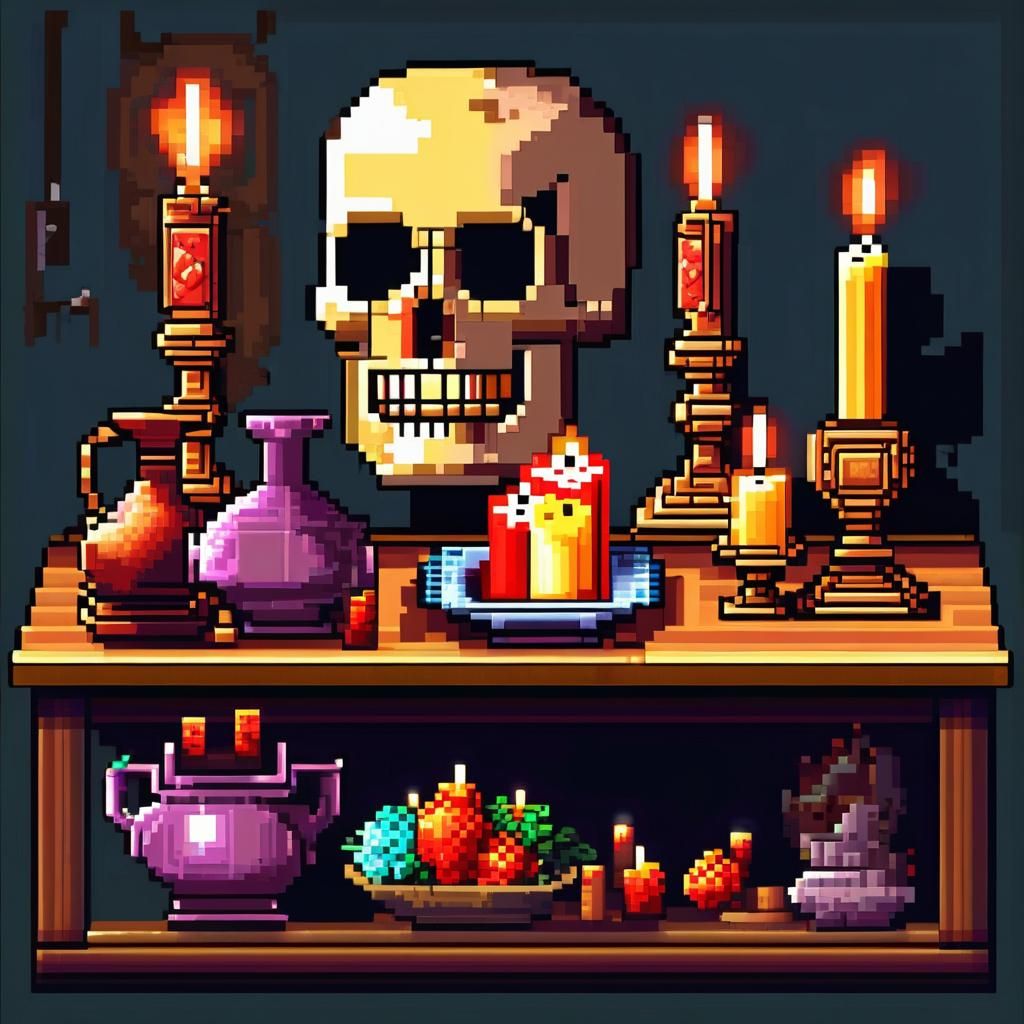16-bit Pixel Art Still Life with Skull
