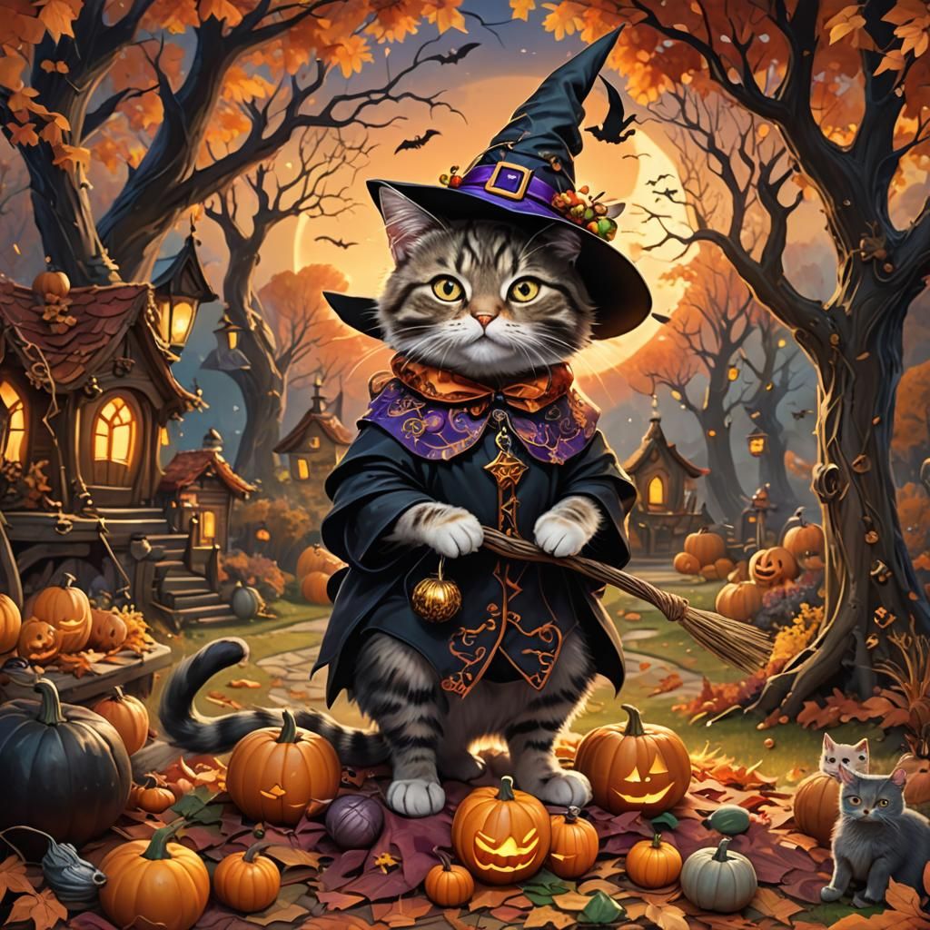 Halloween Cat Fantasy Art in Autumn Woods