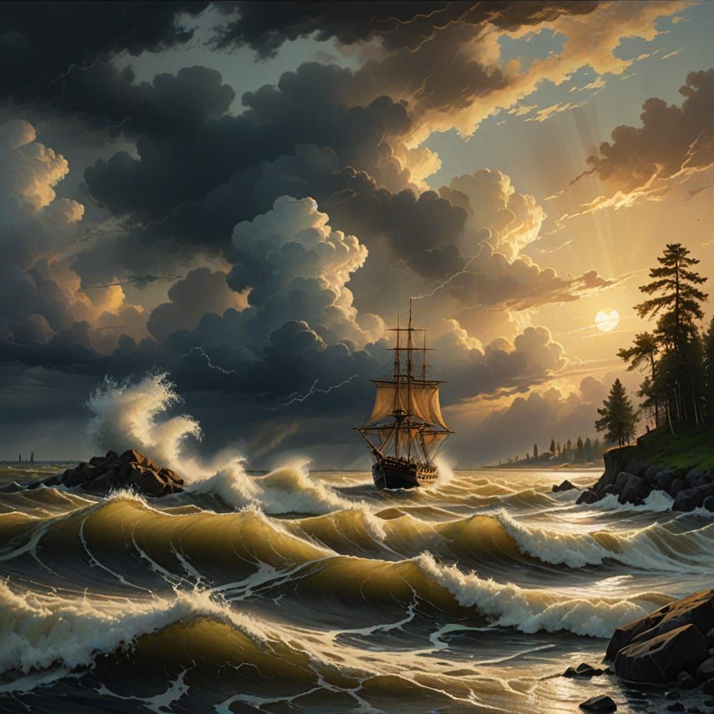 Majestic Neva River Fights Stormy Breeze Under Golden Hour