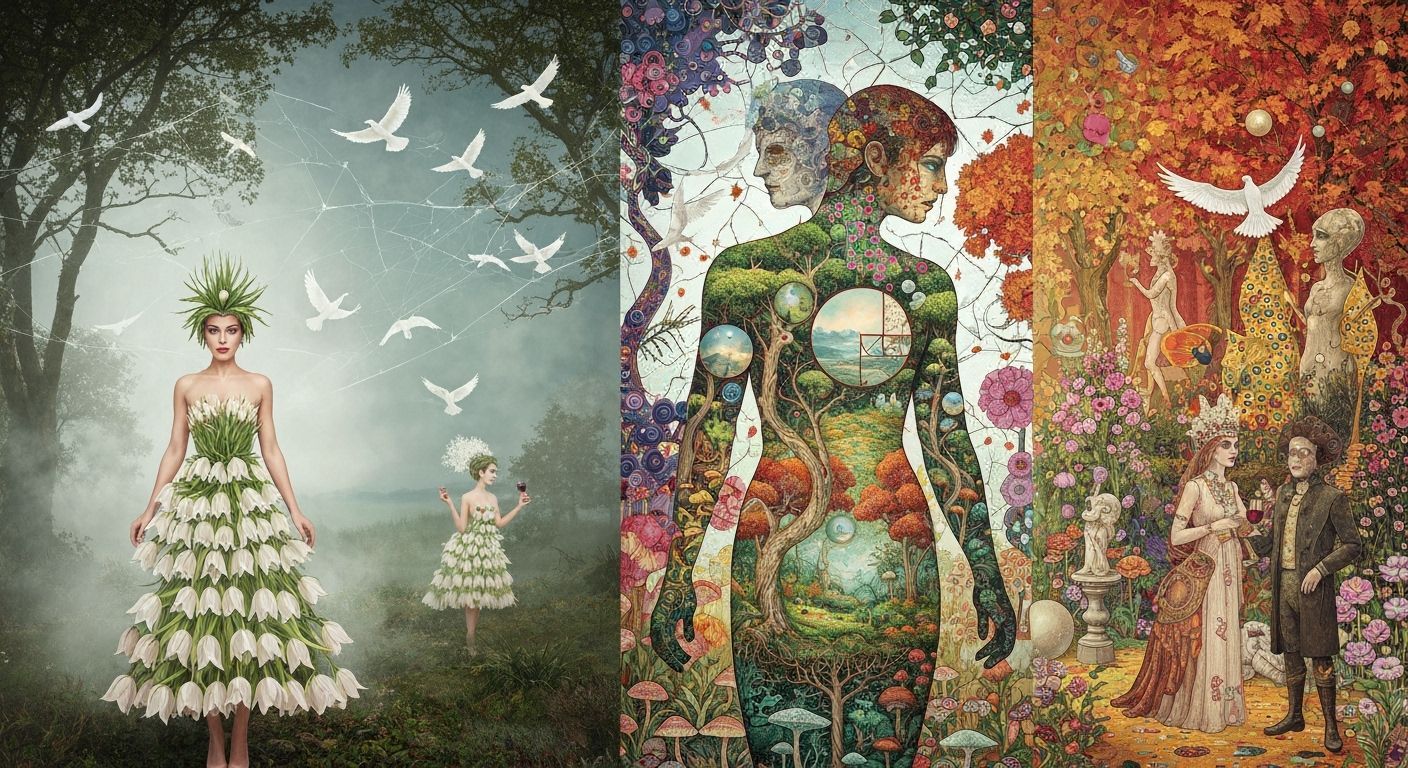 Woman in Flower Dress: Surreal Dreamscape in Vibrant Colors