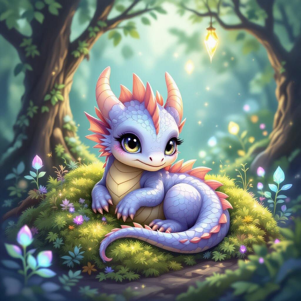 Baby Dragon in Crystalline Forest, Digital Art