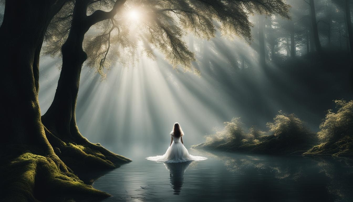 Woman in White Dress in Flooded Black Forest