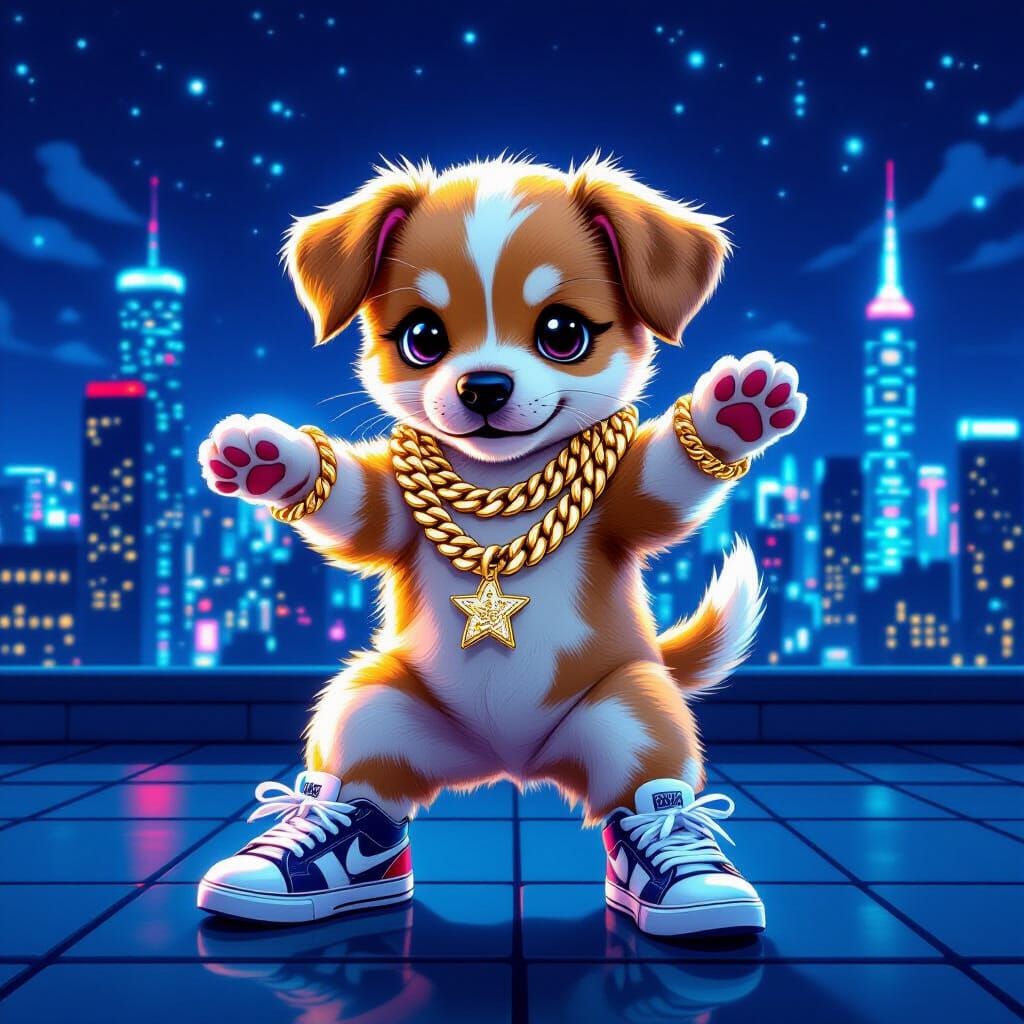 Puppy Breakdancing on Rooftop in Contemporary Style