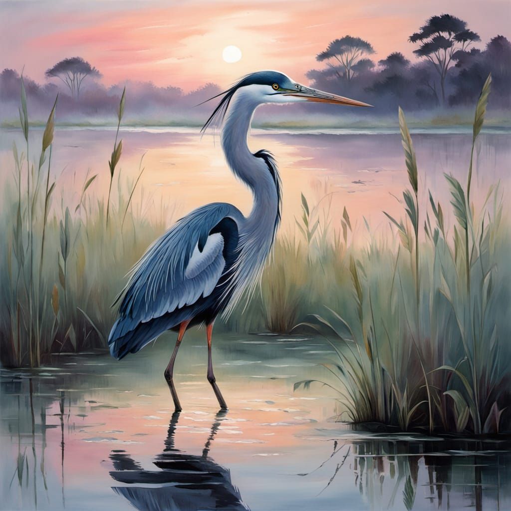 Grey Heron in Misty Dawn Marsh as Impasto Painting