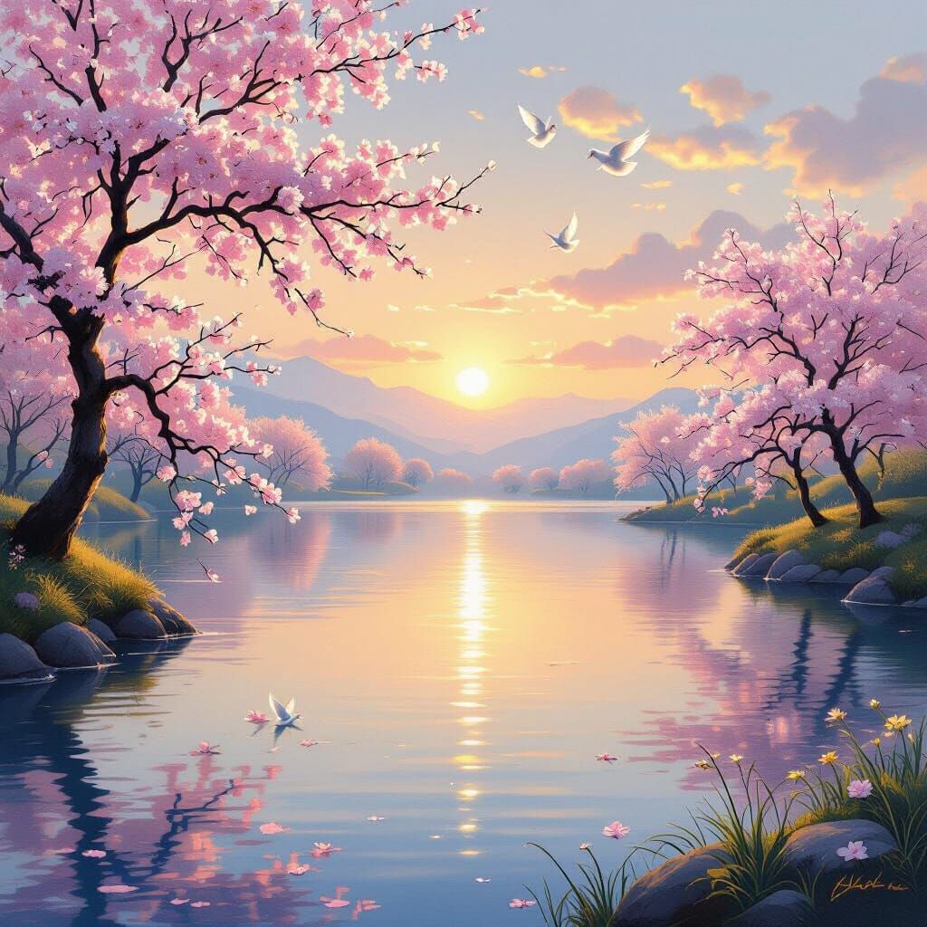 Serene Sunrise Landscape with Doves and Cherry Blossoms