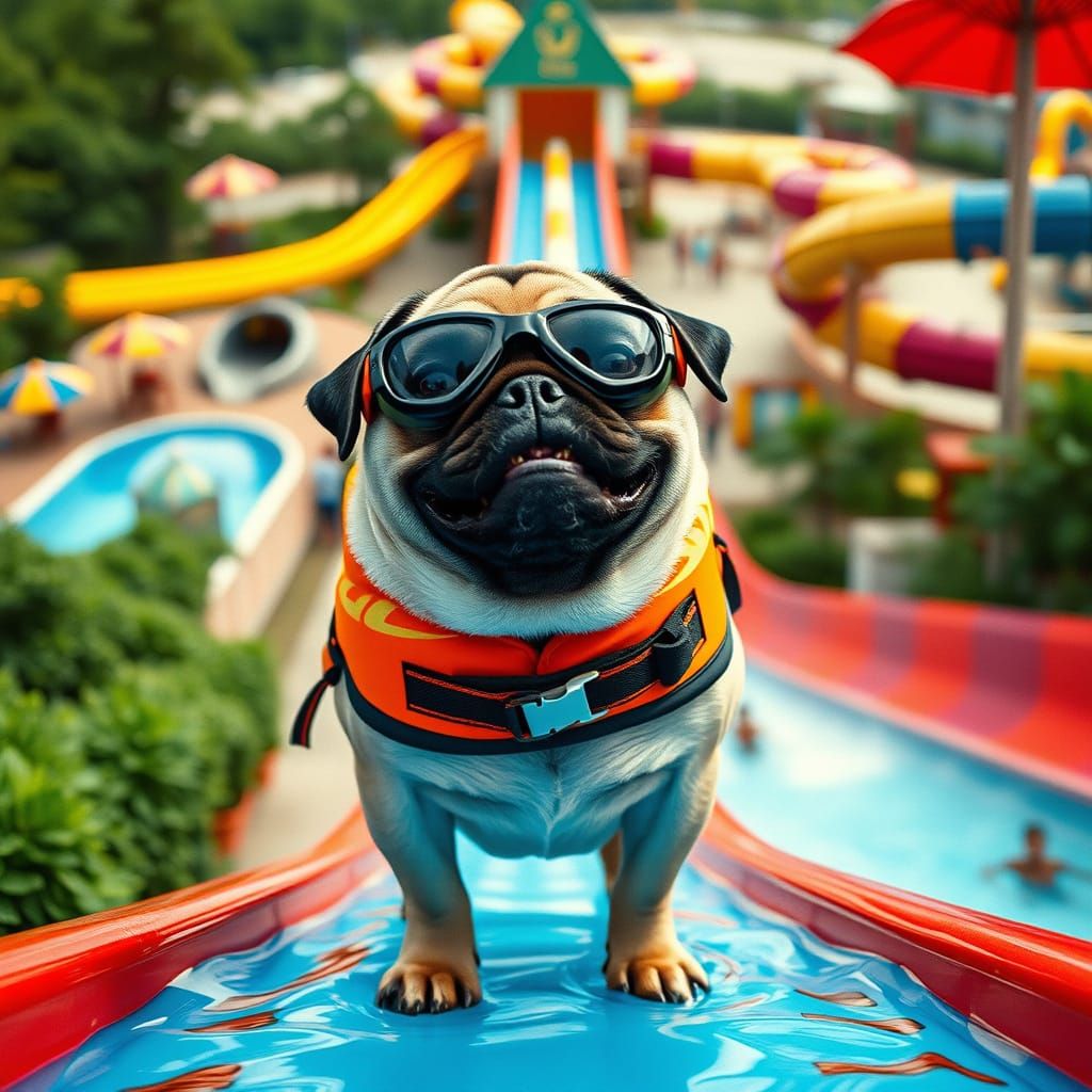 Pug Dog Soars Down Vibrant Waterslide in Cinematic Film Stil...