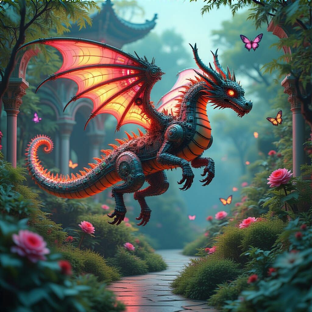 Clockwork Dragon Soaring Through Retro-Futuristic Garden