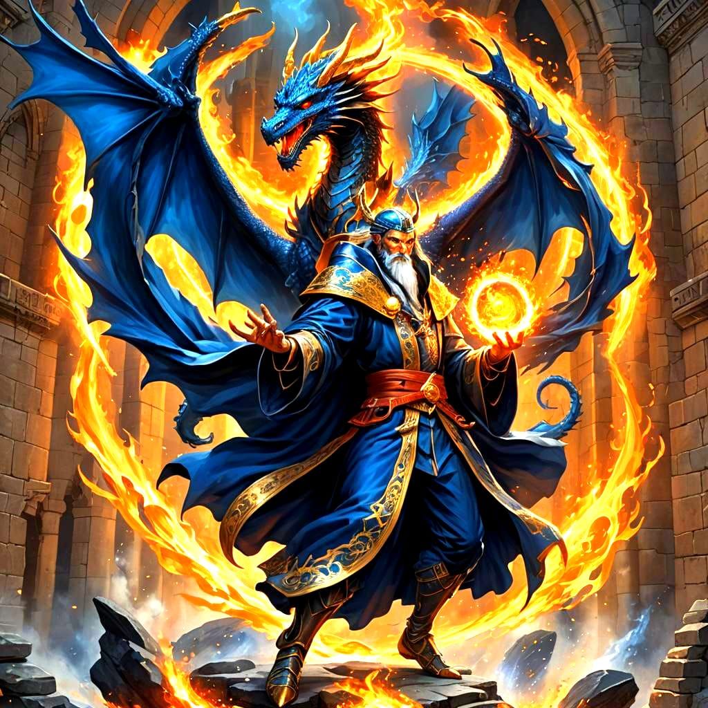 Wizard and Dragon Battle at Castle, Detailed Fantasy Art