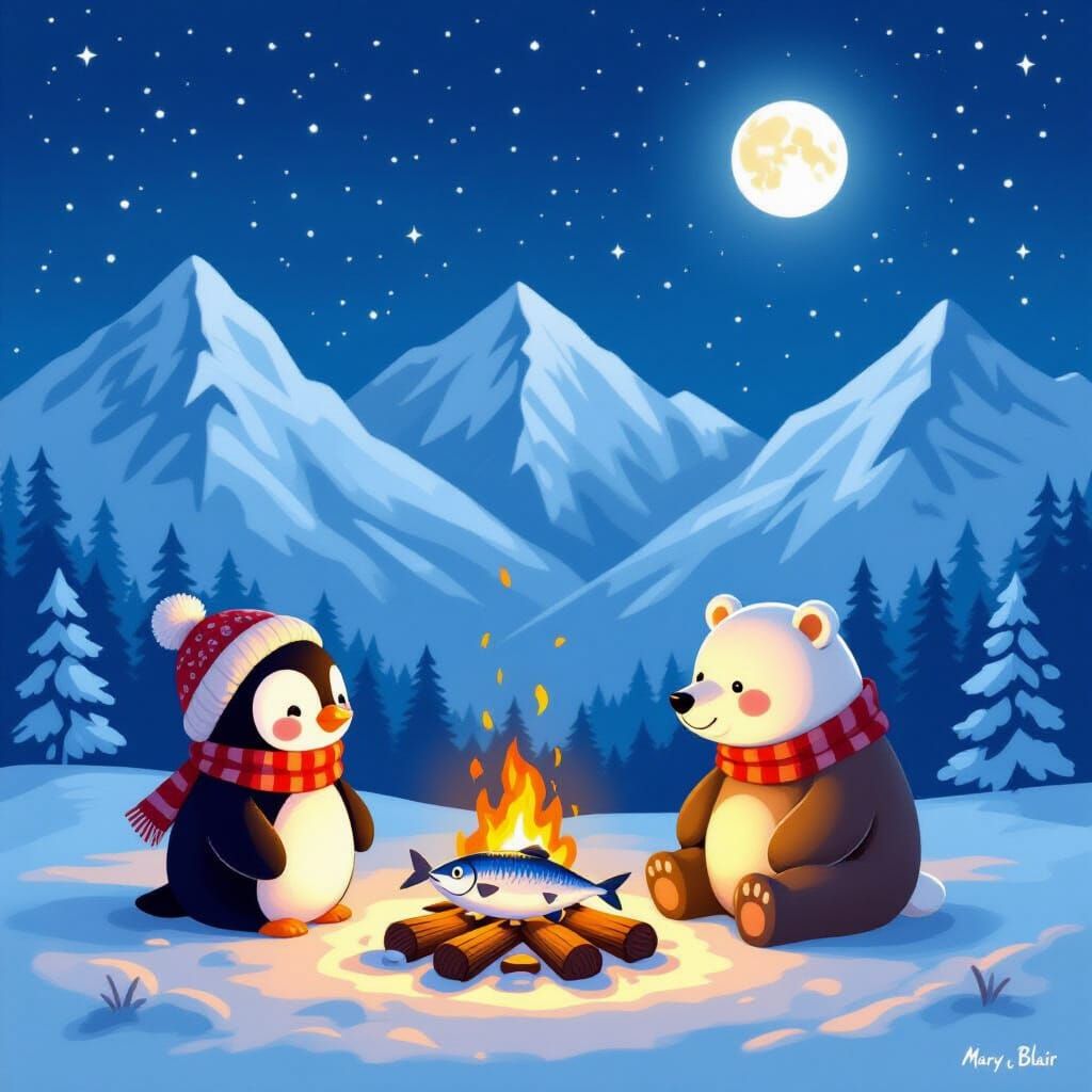 Cozy Winter Night Scene with Adorable Animals and Doll