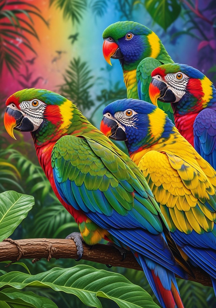 Vibrant Parrots in Lush Rainforest: Hyperrealistic Photograp...