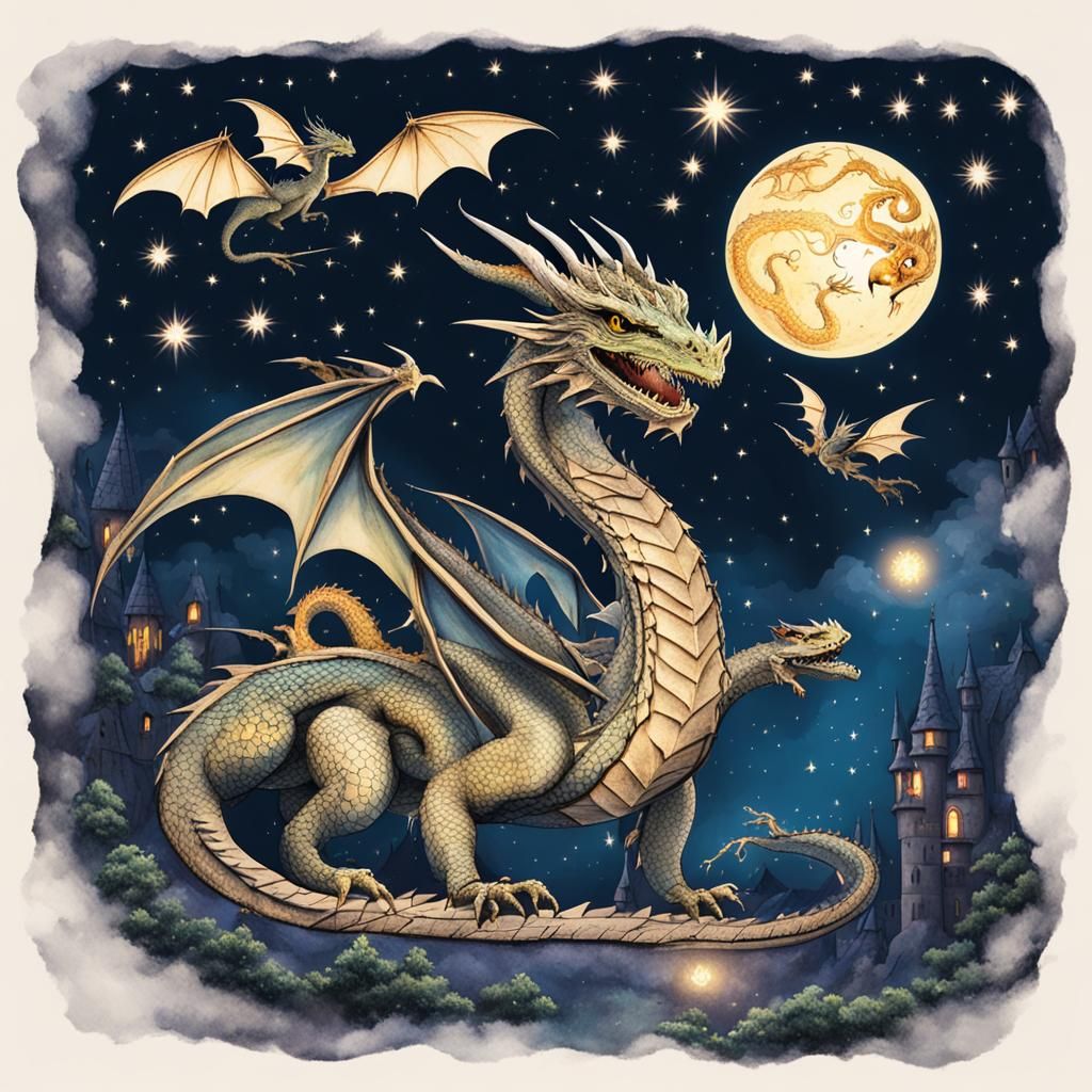 Dragon's Starlit Flight With Fairy Family