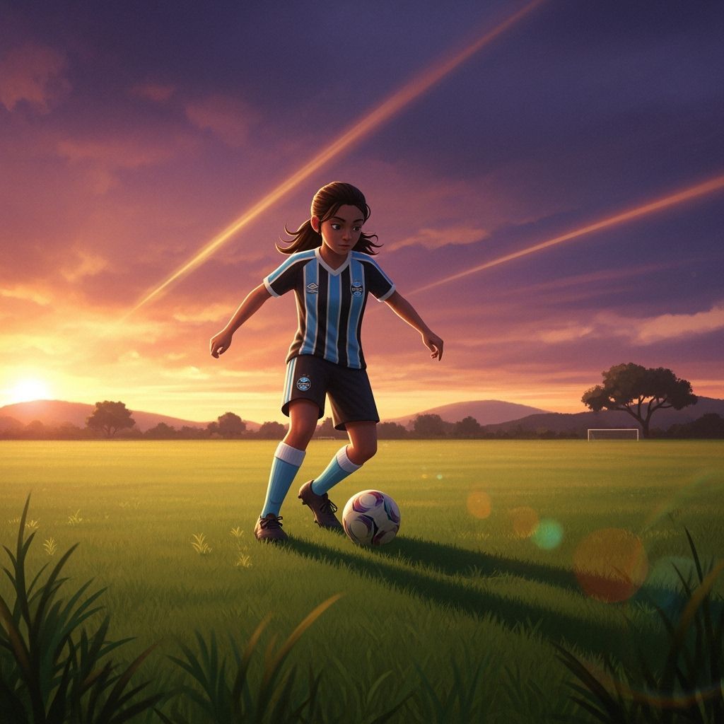 Girl Playing Soccer at Sunset in Retro Style