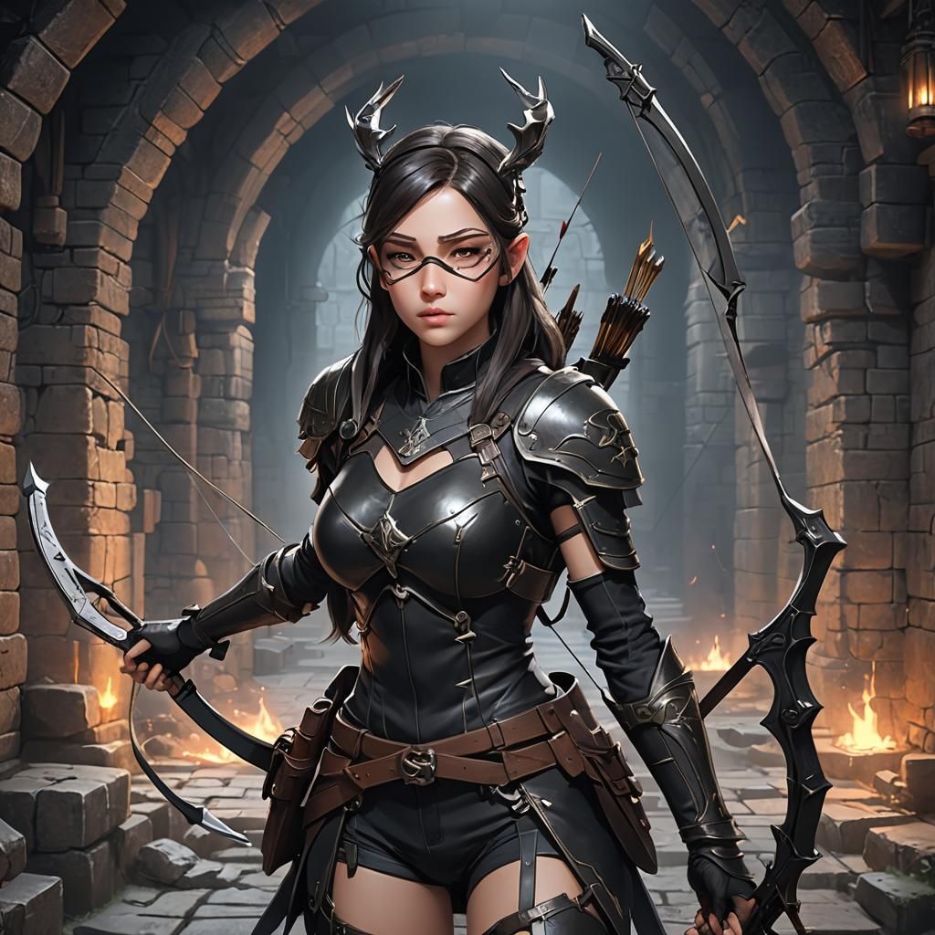 Anime Woman Archer in Dungeon Concept Art