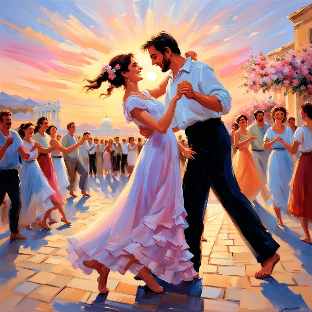 Greek Couples Dancing in Dreamy Sunset
