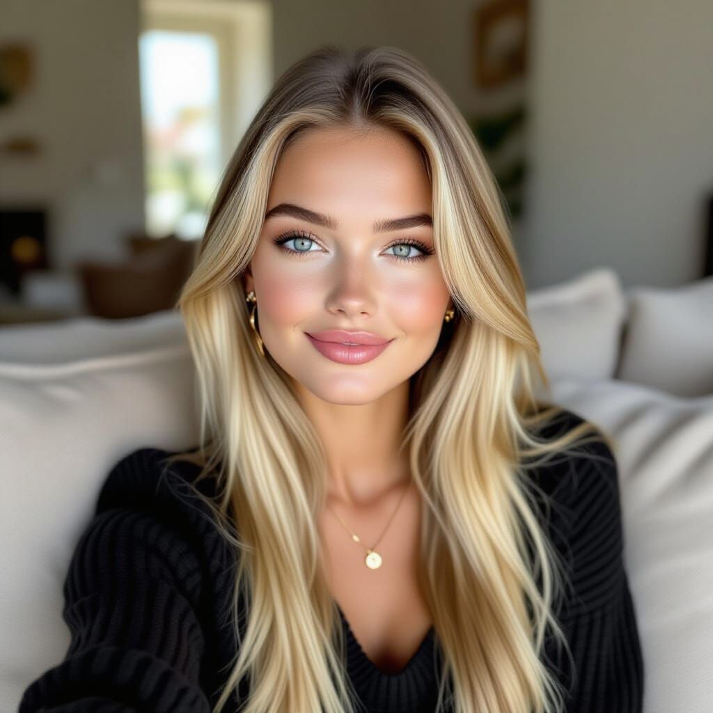 Hyperrealistic Portrait of a Blonde Model Taking a Selfie