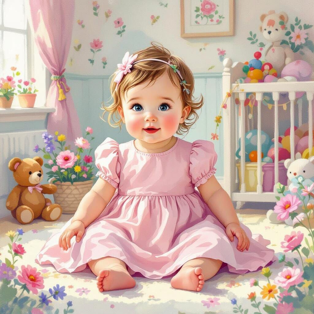 Baby Girl Hope in Nursery, Whimsical Art Style