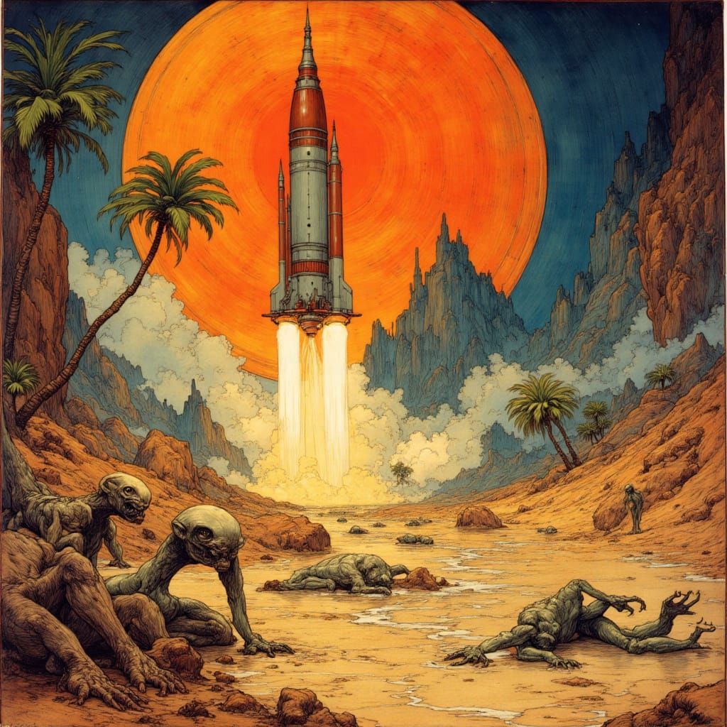 Vintage Sci-Fi Pulp Art: Rocket Blasts Off Alien Planet