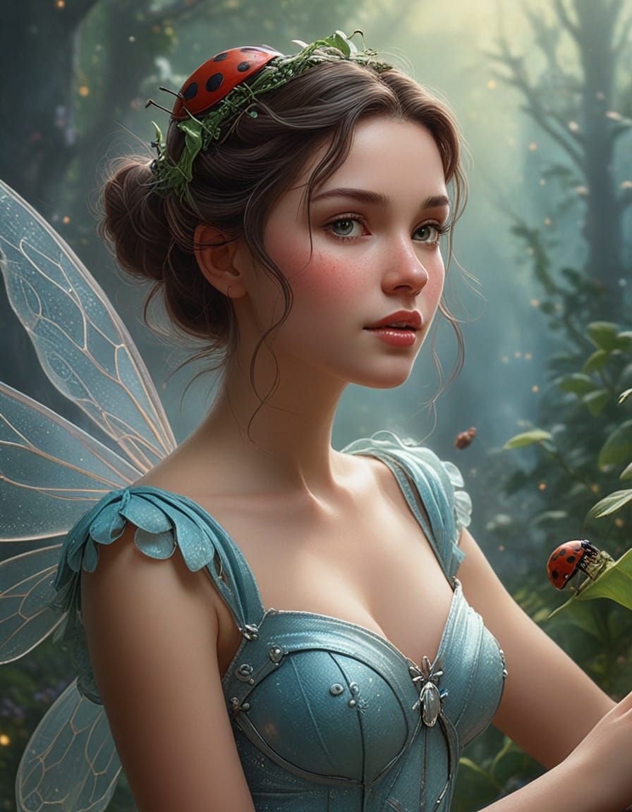 Fairy Princess Rides Ladybug in Ethereal Mist
