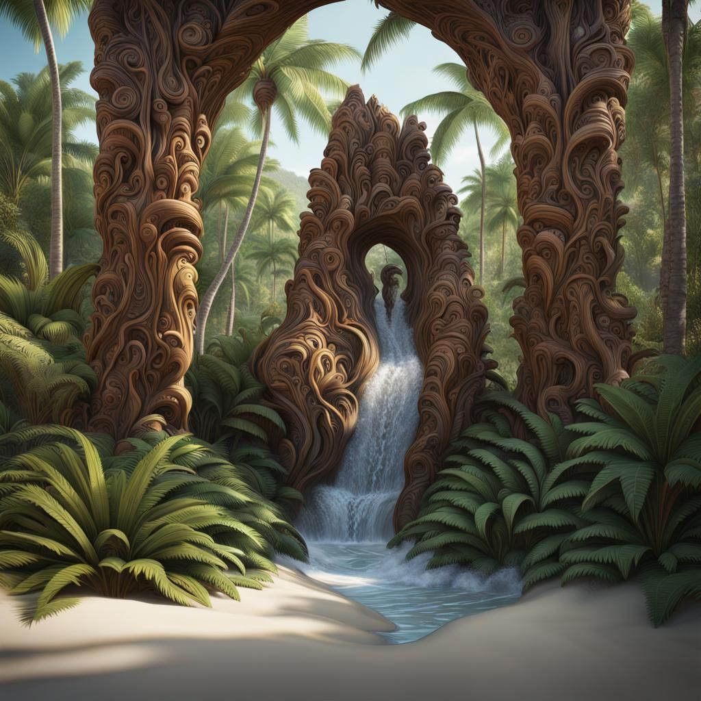 Exotic Tongan Wood Sculpture in Jungle Lagoon