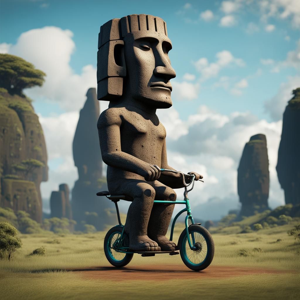 Moai Statue Rides Unicycle: Detailed Digital Art