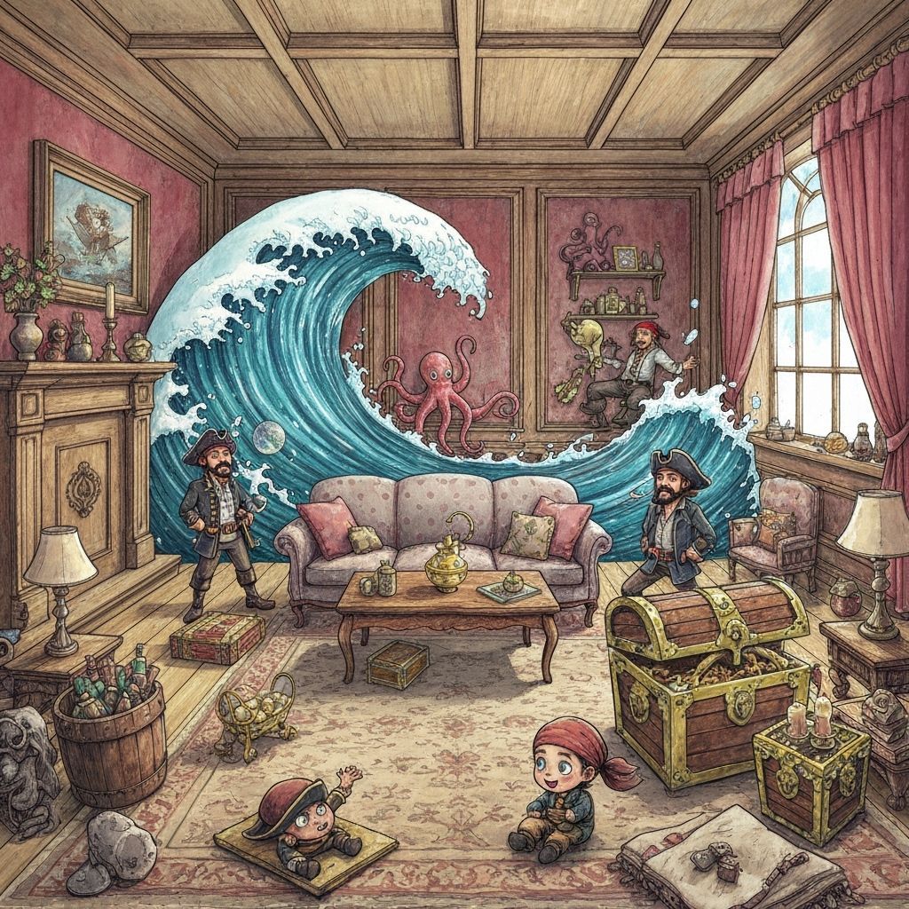 Surreal Ocean Wave Engulfs Living Room with Pirates and Trea...