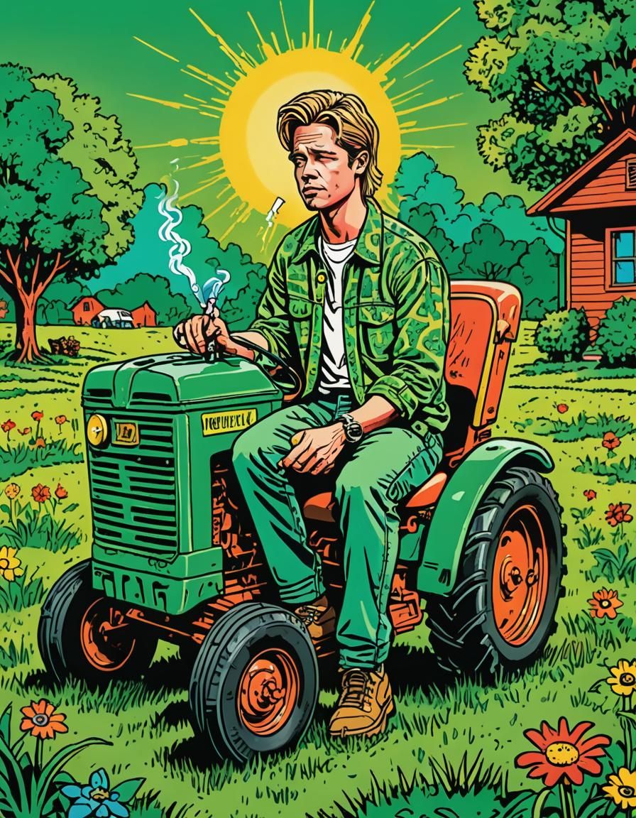 Extreme wide shot of Brad Pitt, age 25, crying hard, wailing, wearing a black t-shirt that says "HOT", with a cigarette ...