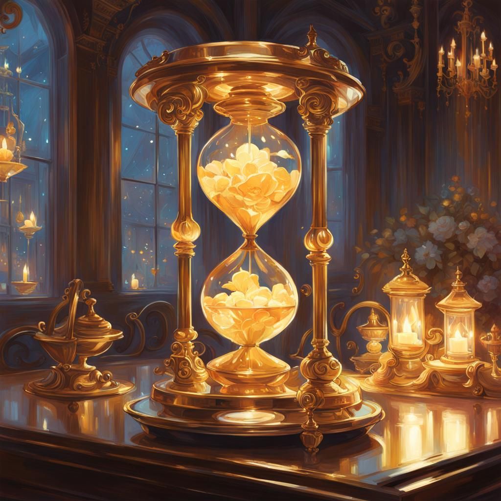 Golden Hourglass in Magical Room, Digital Art
