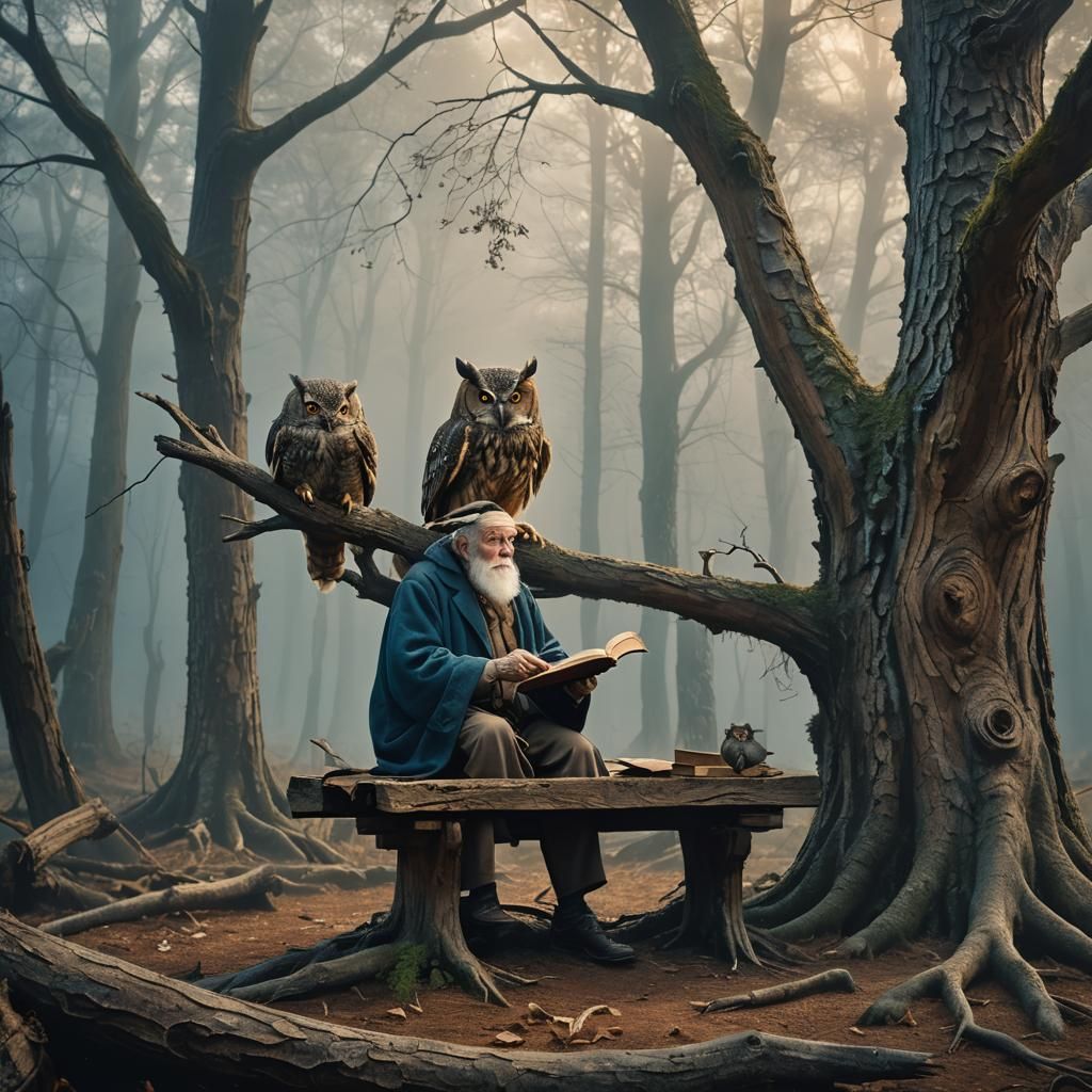 Wise Owl and Elder in Mystic Forest