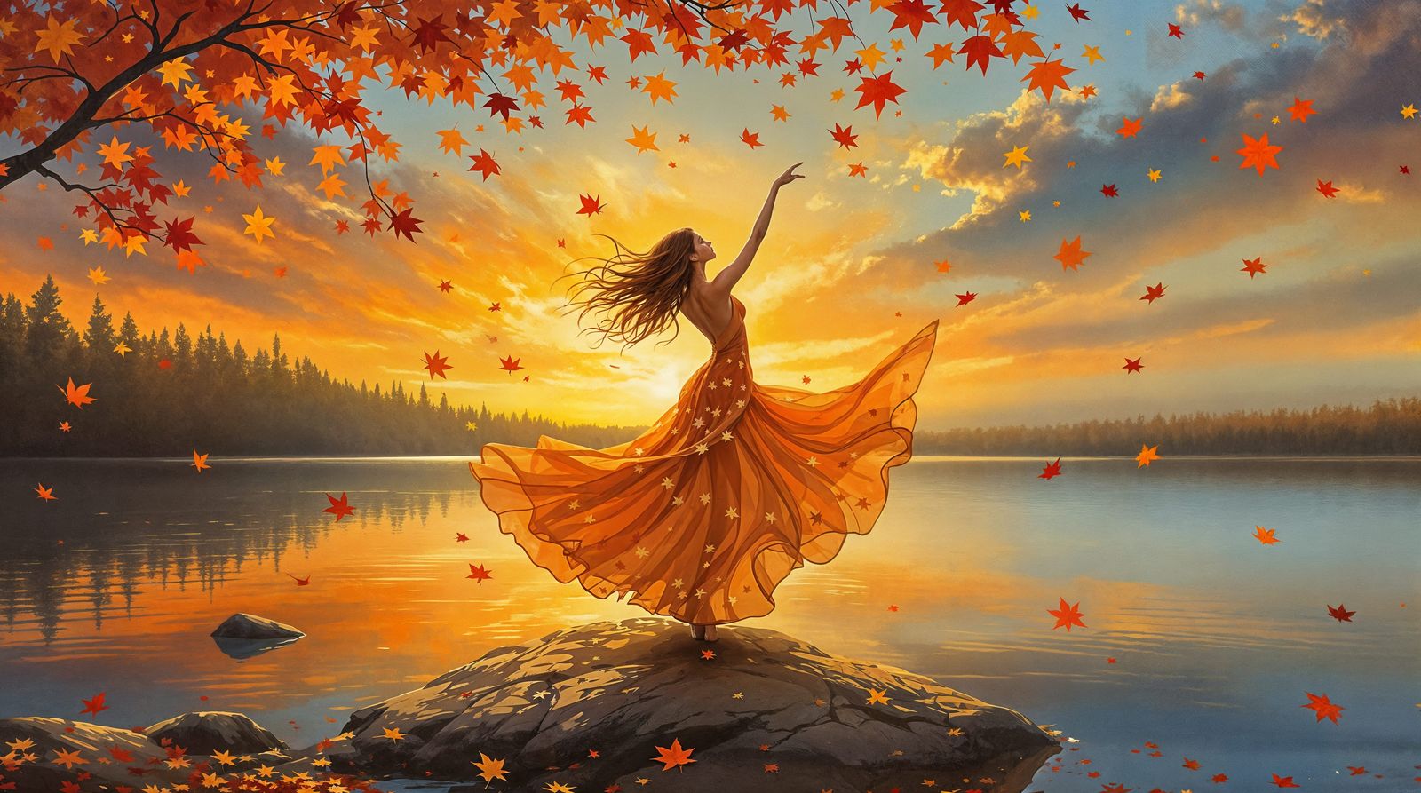 Impressionistic Autumn Dance by the Lake