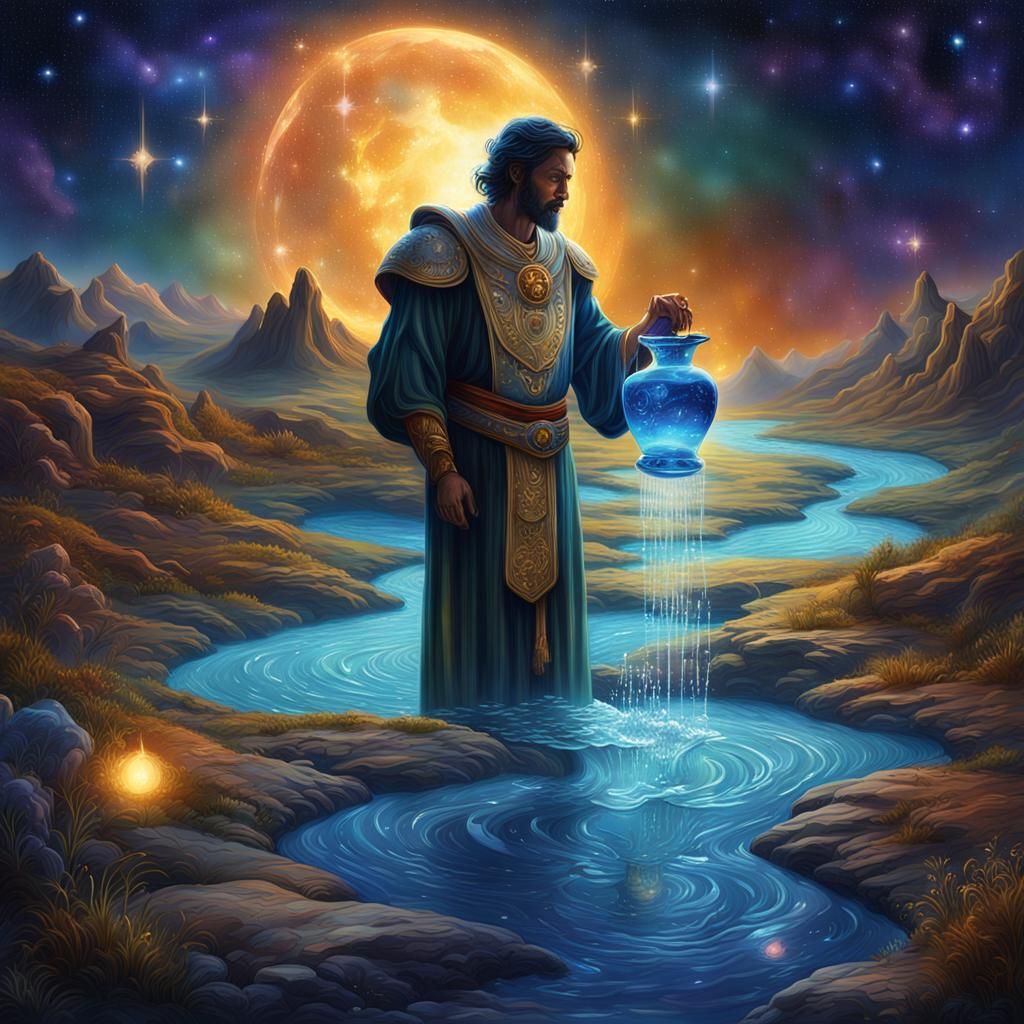 Aquarius water bearer constellation night skies glimmering galaxies man with the water pitcher pouring a pure elixir of ...