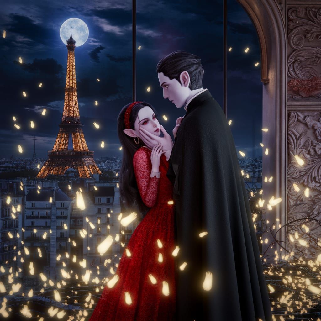 Mighty Kirigami Vampires in Love Amidst Parisian Fireflies