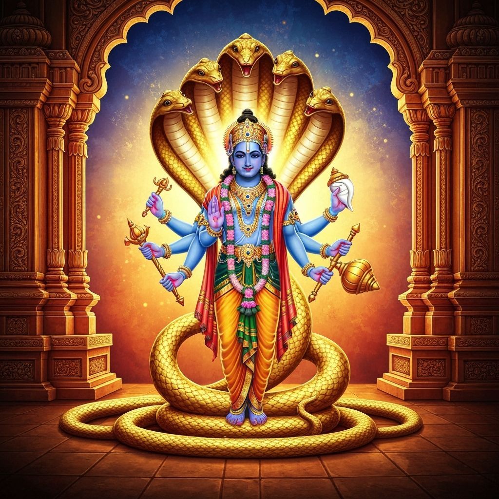Vishnu with Serpent in Traditional Indian Style