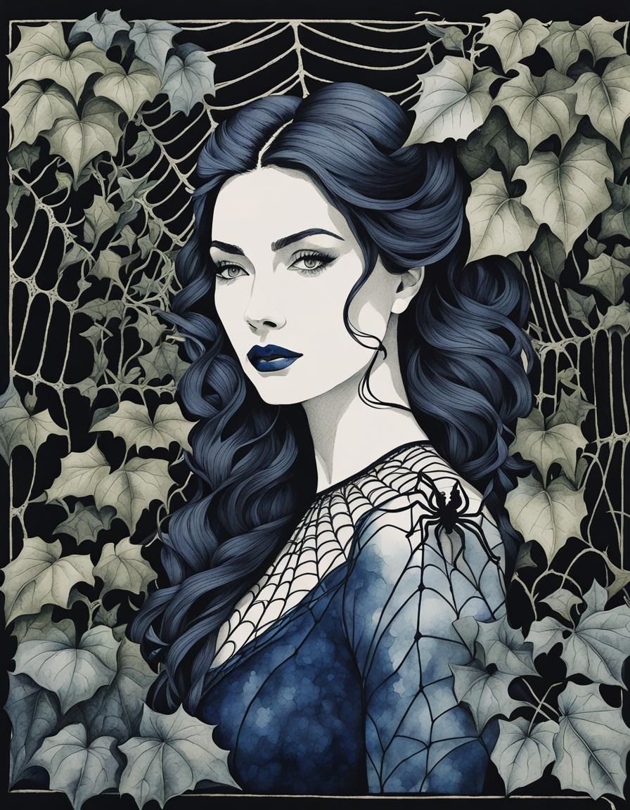 Intricate Ink Line Art: Woman in Ivy Border