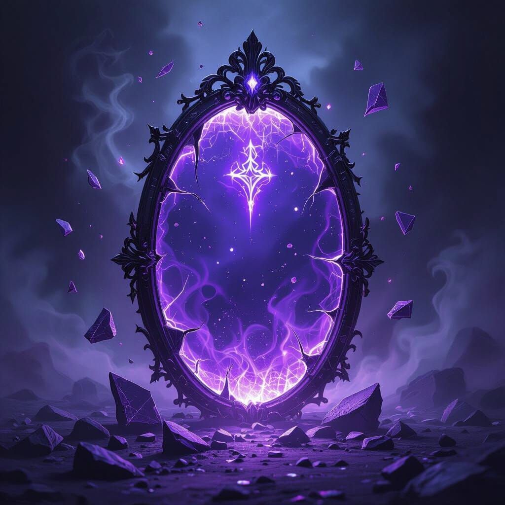 Ethereal Broken Mirror Reflecting Mystical Symbols