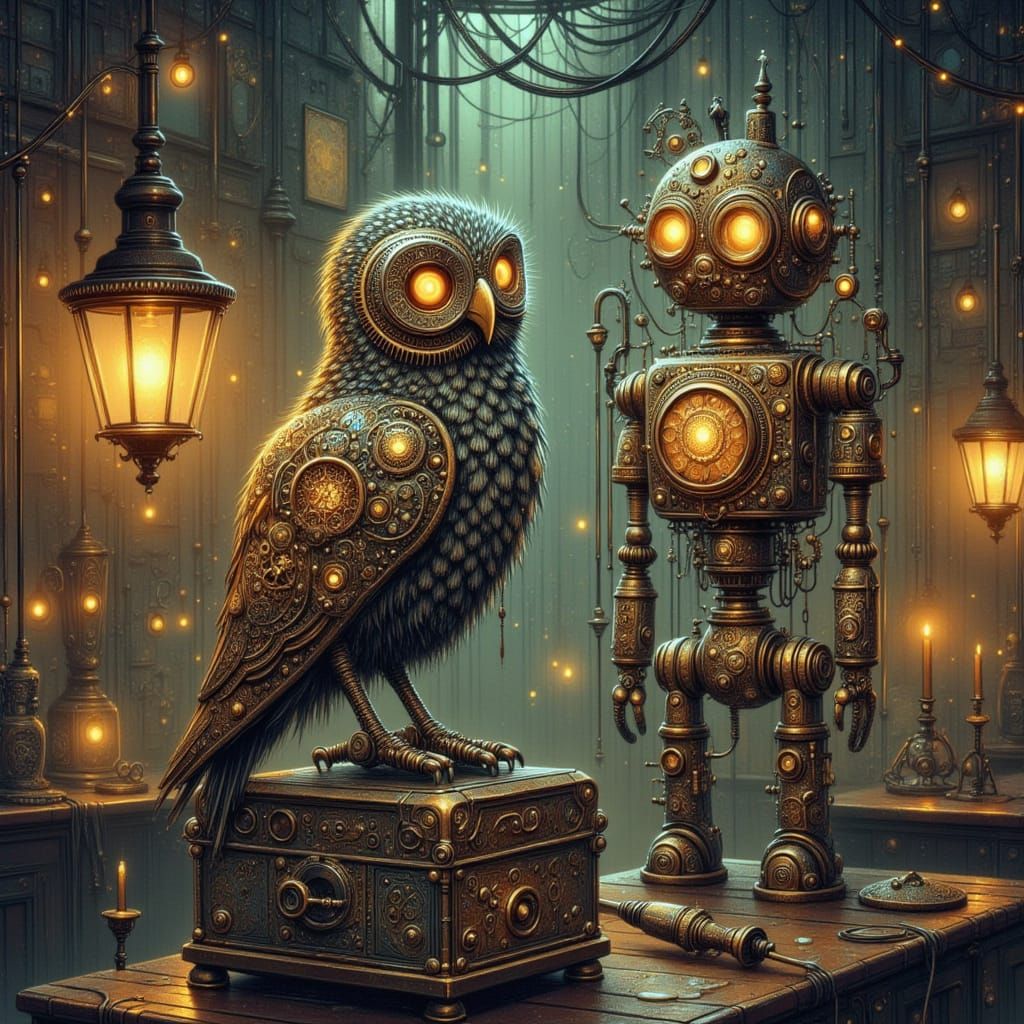 Mechanical Owl on Automaton Shoulder in Victorian Workshop