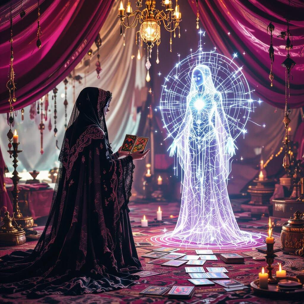 Gothic Fortune Teller Confronts Quantum AI Hologram
