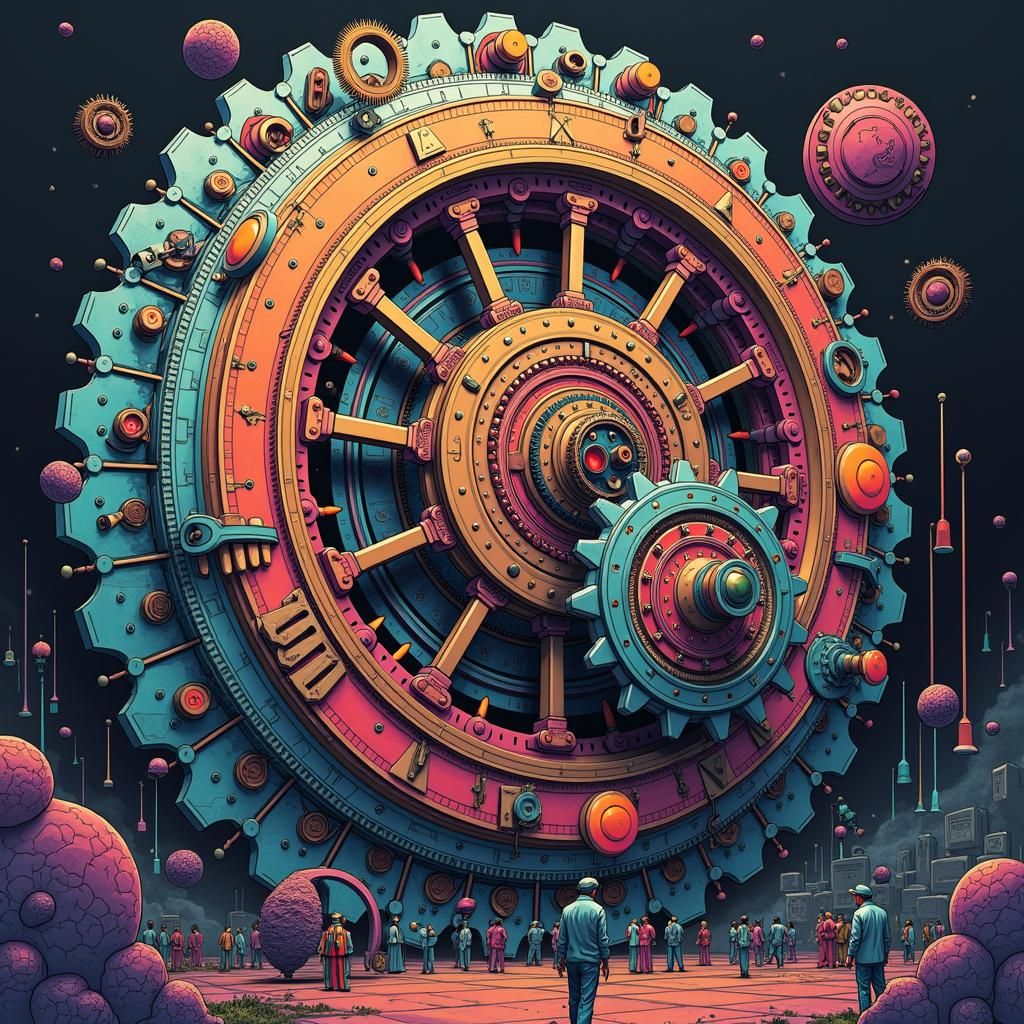 Vaporwave Cubist Clockwork Engine with Gears