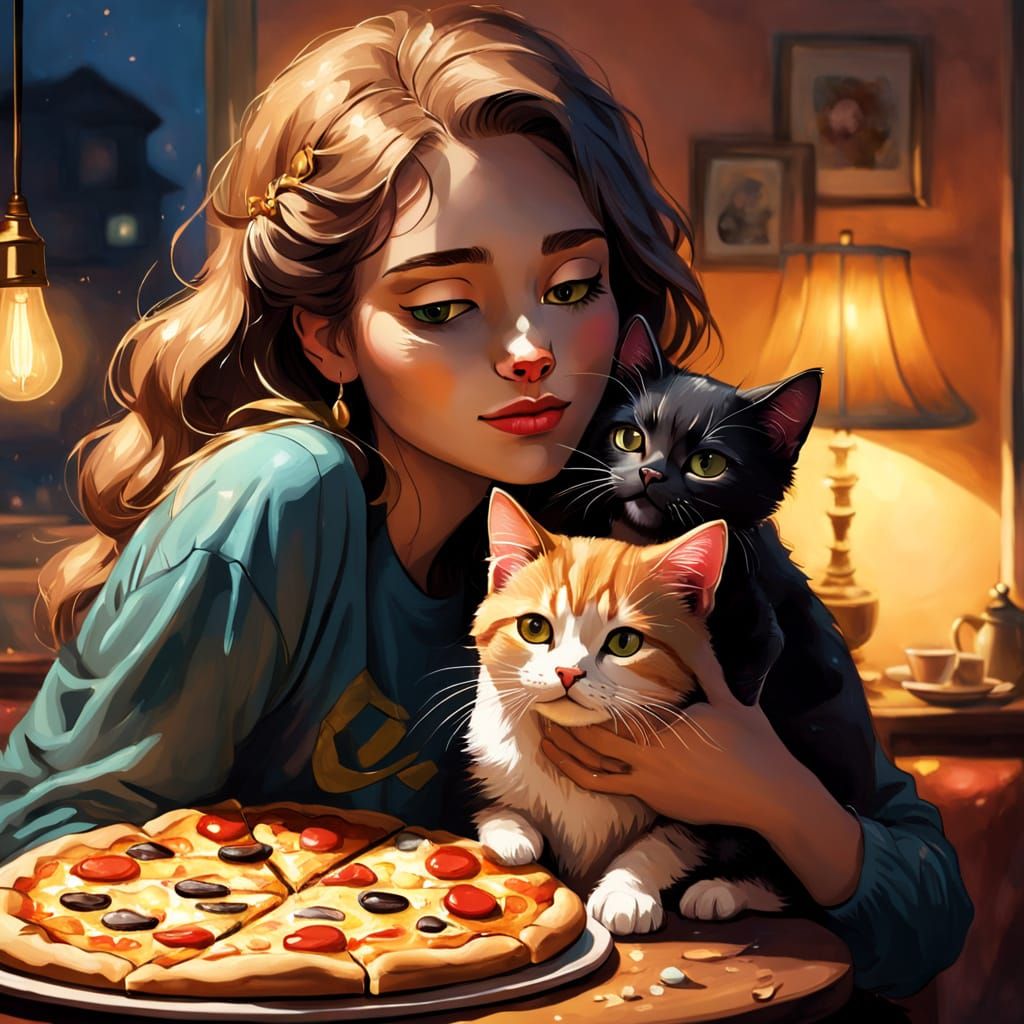 Heart Pizza: Loish-Inspired Hug with Puppy and Kitten