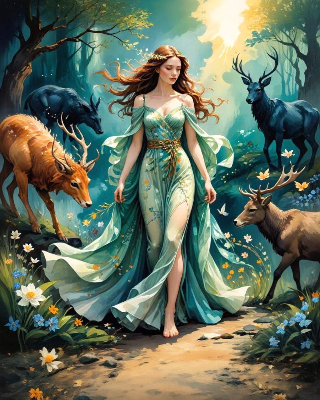 Goddess of Spring in Ink and Gouache