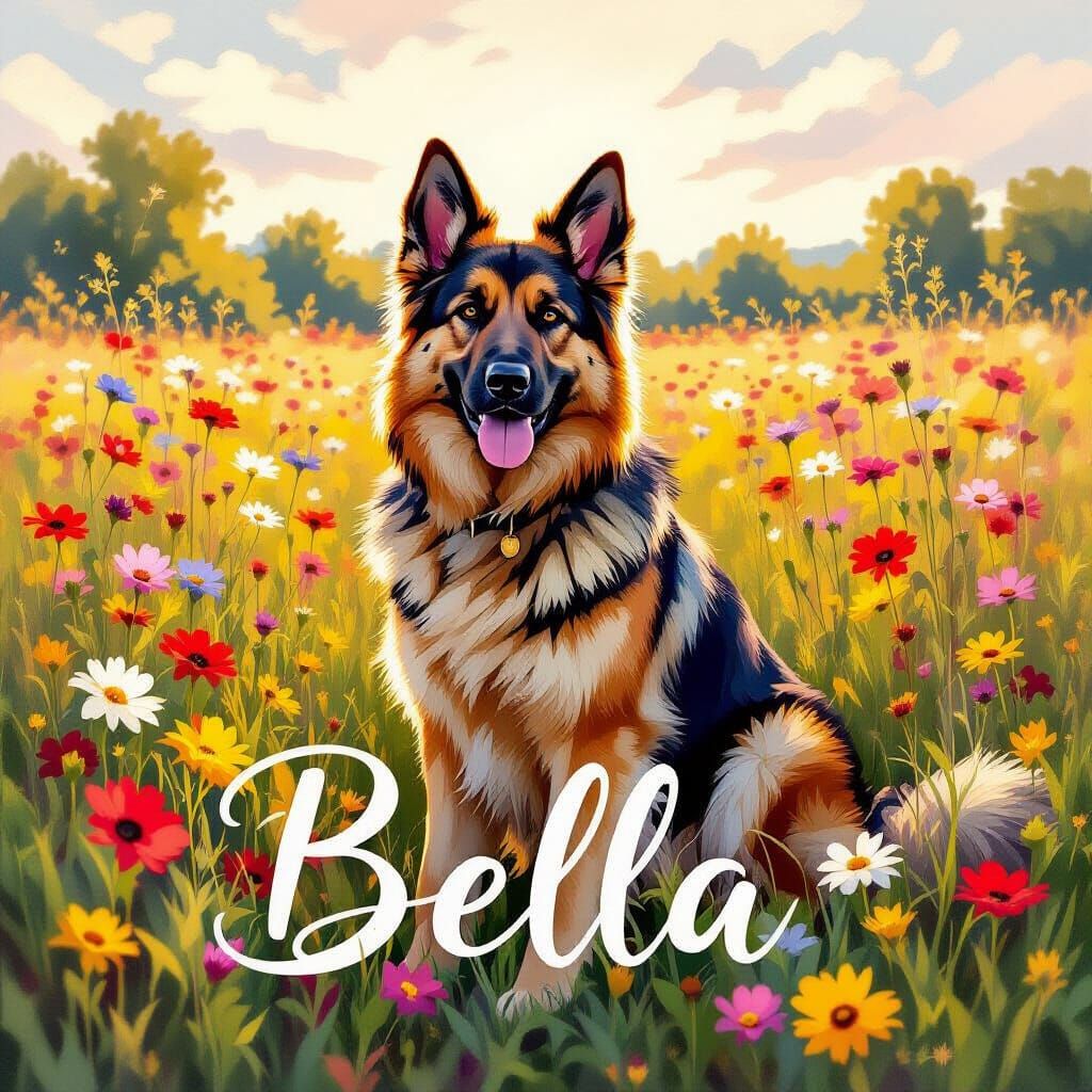 German Shepherd in Wildflower Field with 'Bella' Text