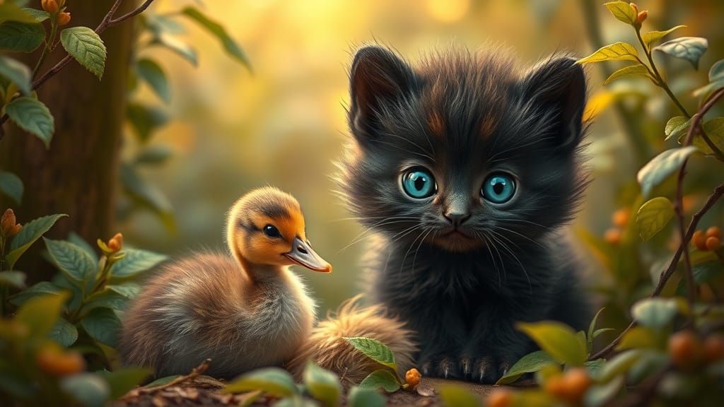 Cute Baby Kitten and Duckling in Magical Forest