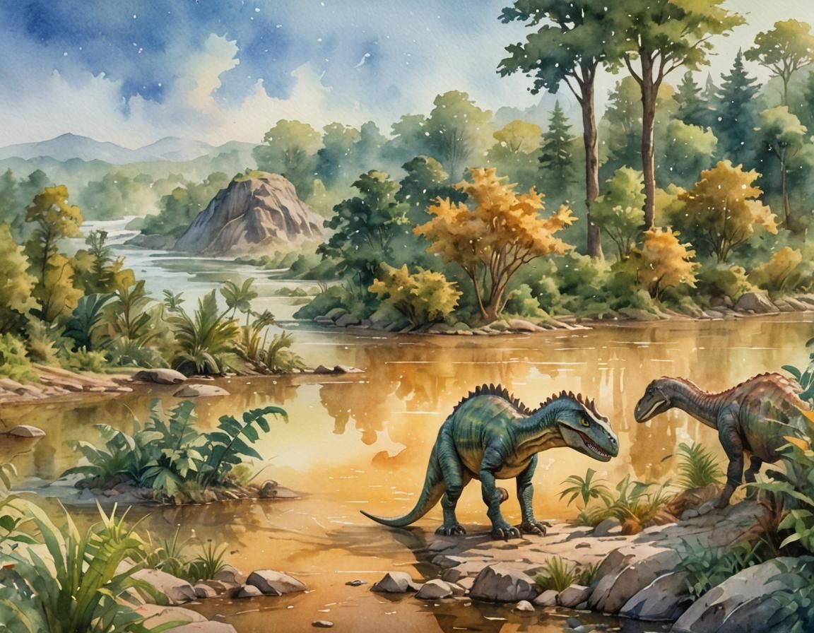 Dinosaur in Prehistoric Forest Watercolor Painting