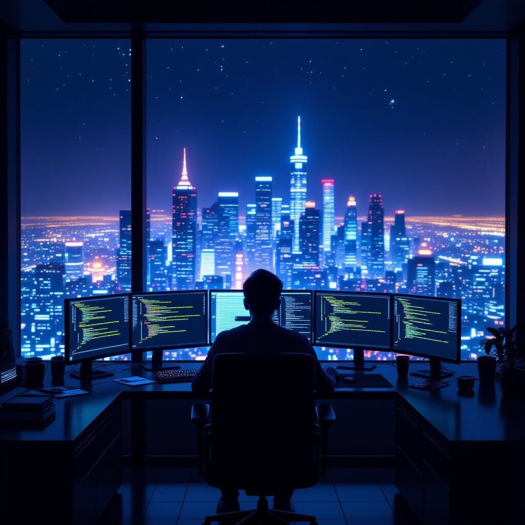 Lone Programmer in Futuristic Apartment with Neon Cityscape