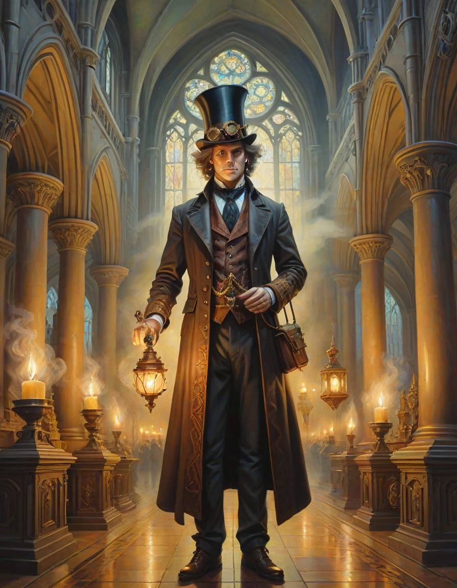 Victorian Steampunk Sorcerer in a Candlelit Cathedral