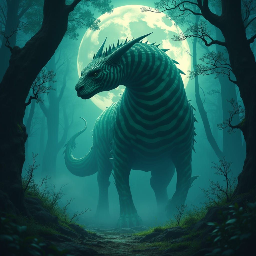 Unique Striped Creature Stands Proud in Mystical Moonlit For...