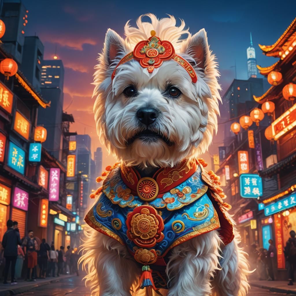 Westie as Chinese Lion Dancer in Neon Cityscape